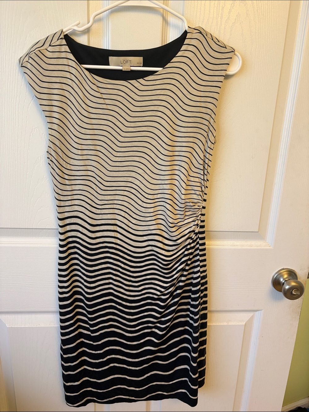 LOFT Black & Cream Wavy Stripe Ruched Midi Dress